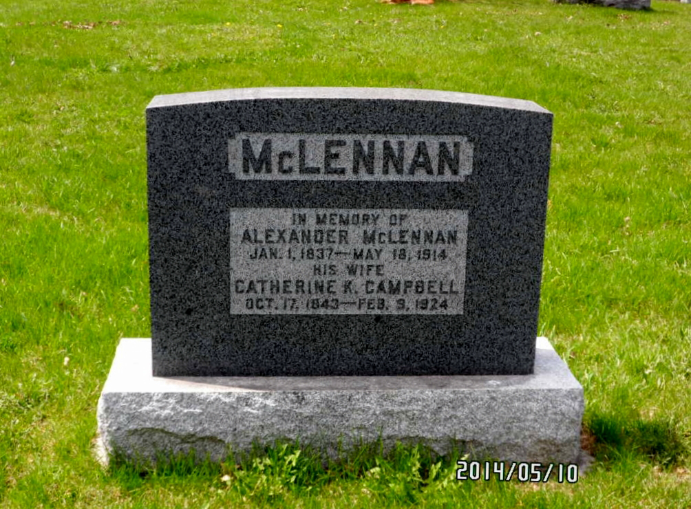 Photo of headstones/Alexander & Catherine (Campbell) McLennan headstone Campbellville St Davids Ch Halton, ON - front side